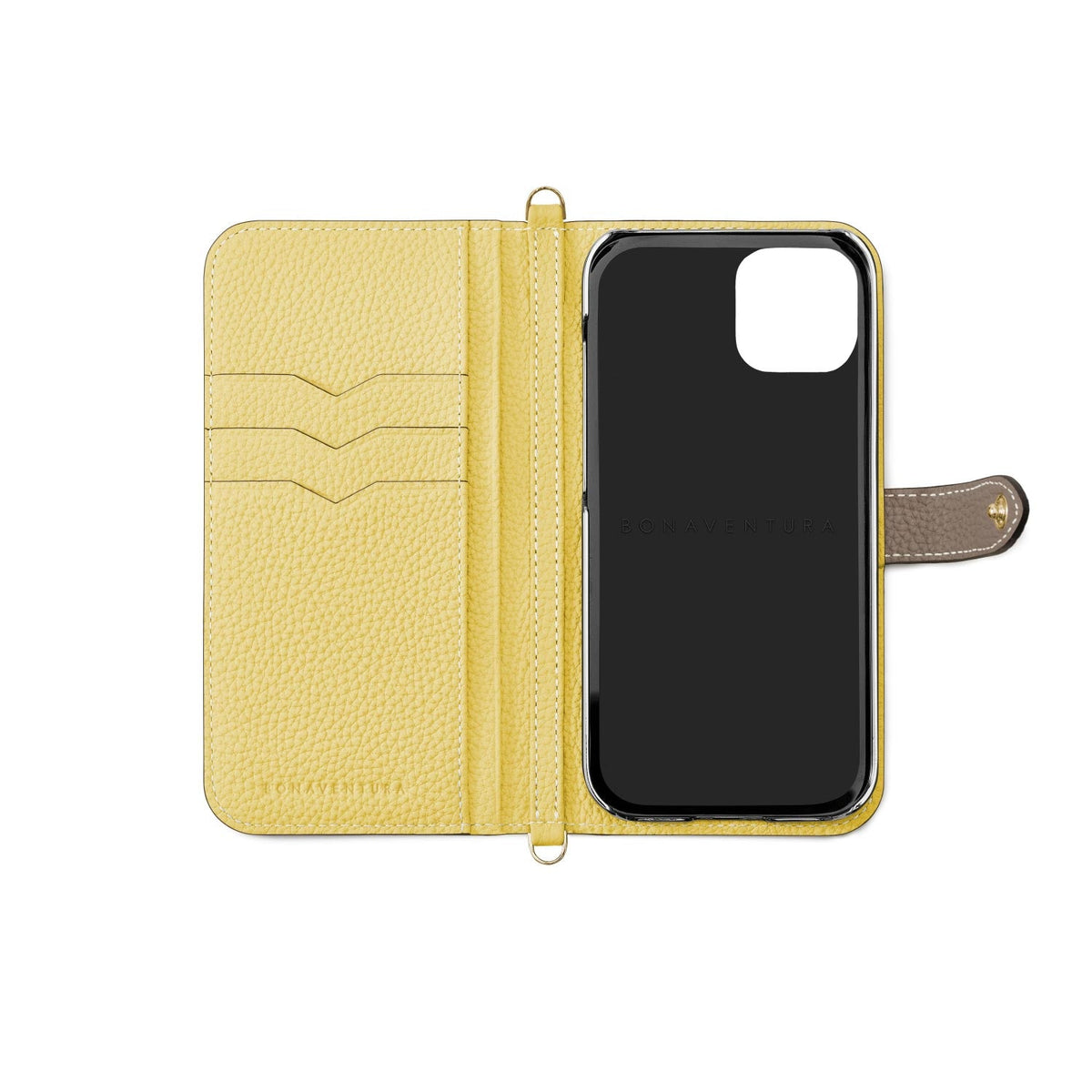 iPhone 13 Belted Diary Case Shrink Leather (Etoupe × Yellow)
