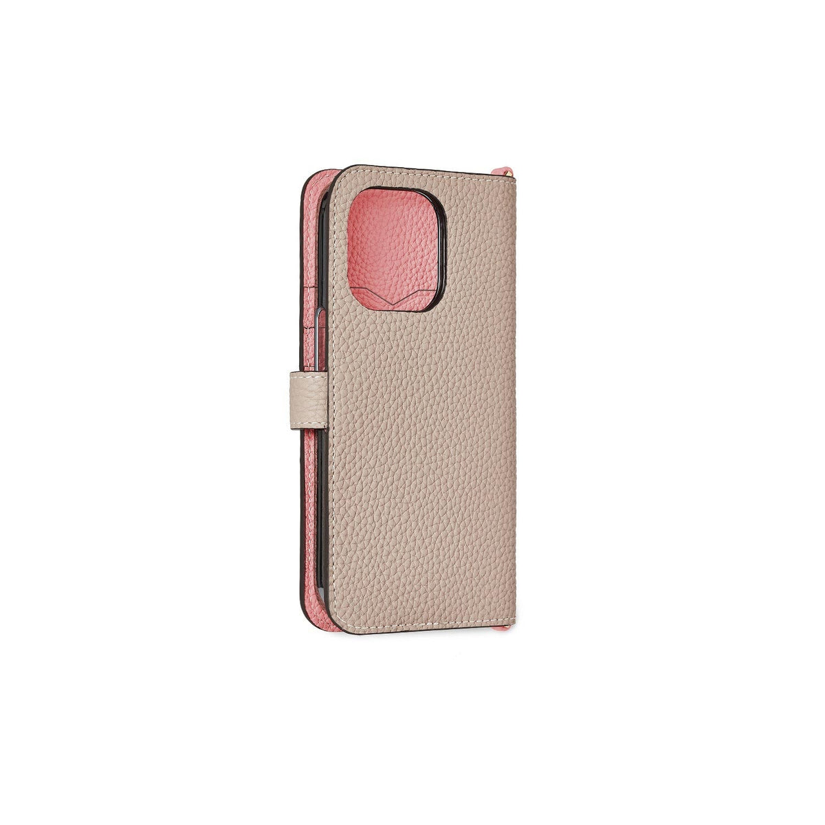 iPhone 13 Pro Max Belted Diary Case Shrink Leather (Greige × Coral Pink)