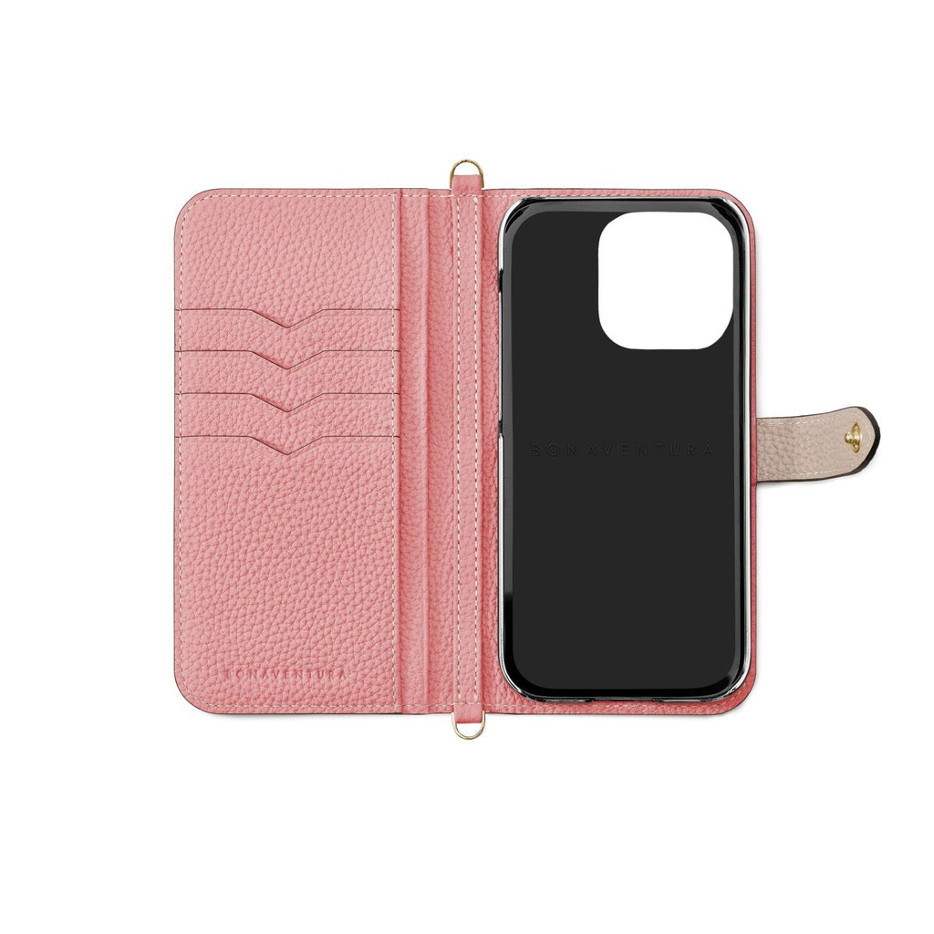 iPhone 13 Pro Max Belted Diary Case Shrink Leather (Greige × Coral Pink)