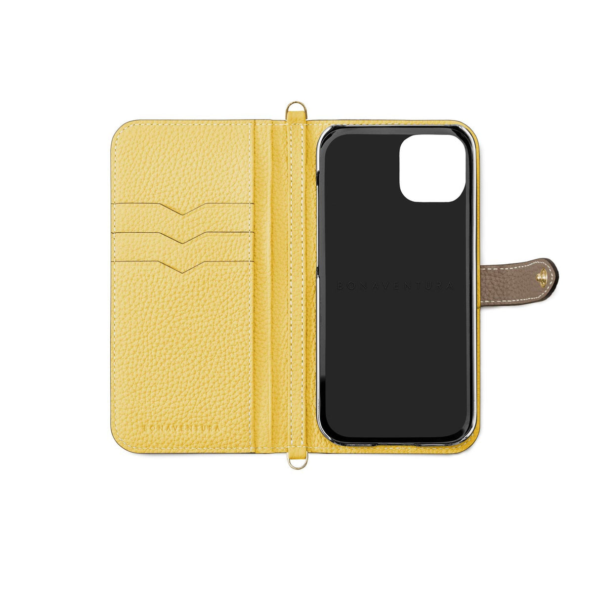 iPhone 14 Belted Diary Case Shrink Leather (Etoupe × Yellow)