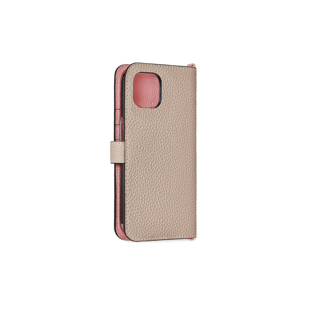 iPhone 14 Belted Diary Case Shrink Leather (Greige × Coral Pink)