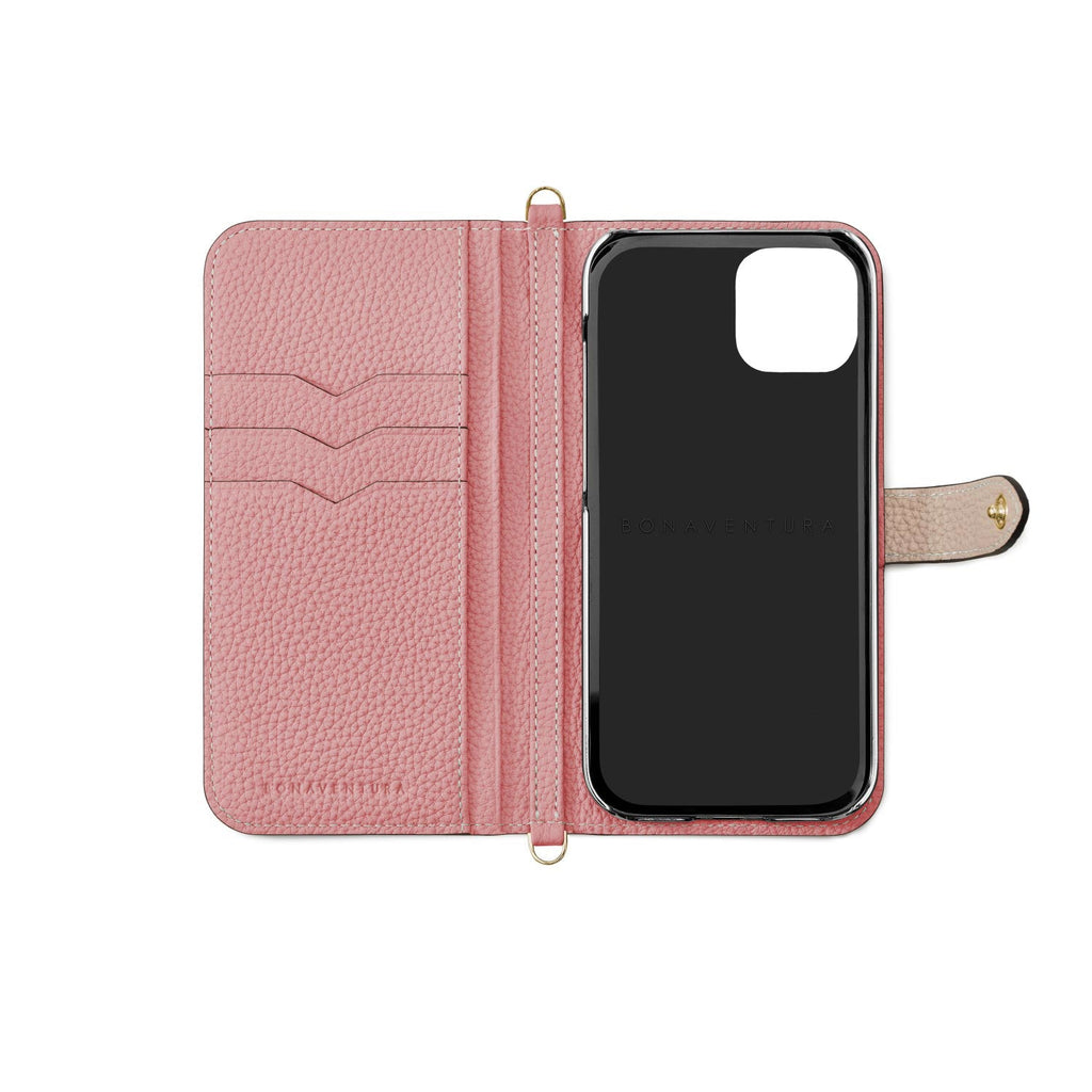 iPhone 14 Belted Diary Case Shrink Leather (Greige × Coral Pink)