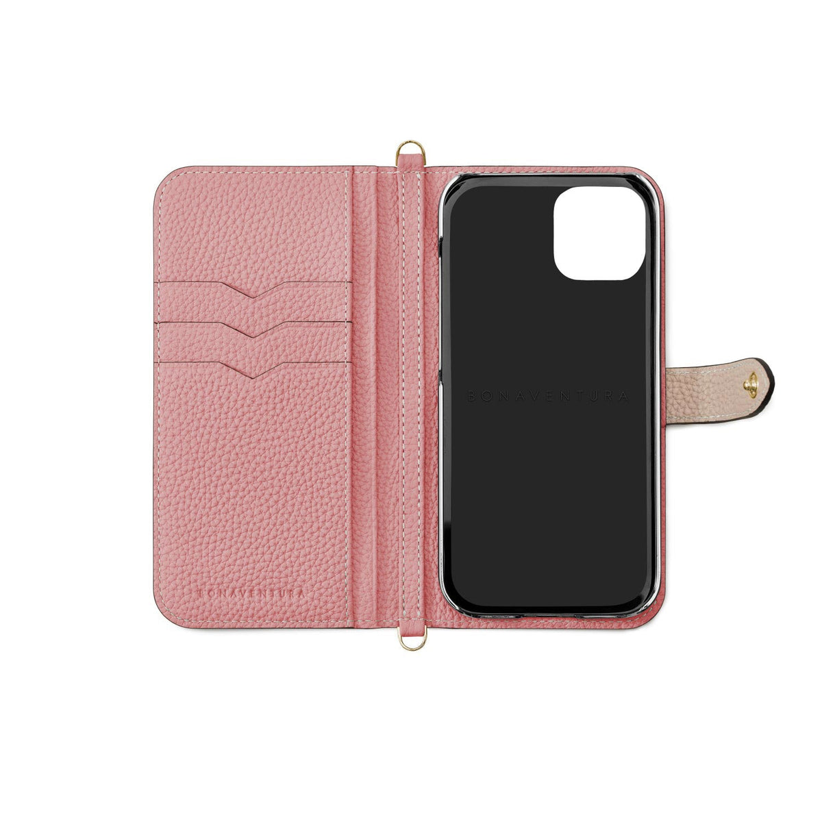 iPhone 14 Belted Diary Case Shrink Leather (Greige × Coral Pink)
