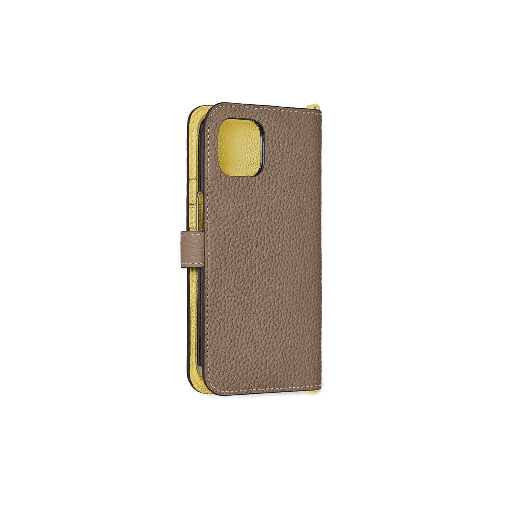 iPhone 14 Plus Belted Diary Case Shrink Leather (Etoupe × Yellow)