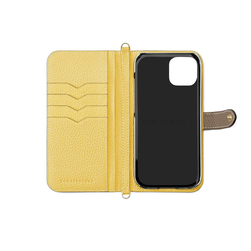 iPhone 15 Plus Belted Diary Case Shrink Leather (Etoupe × Yellow)