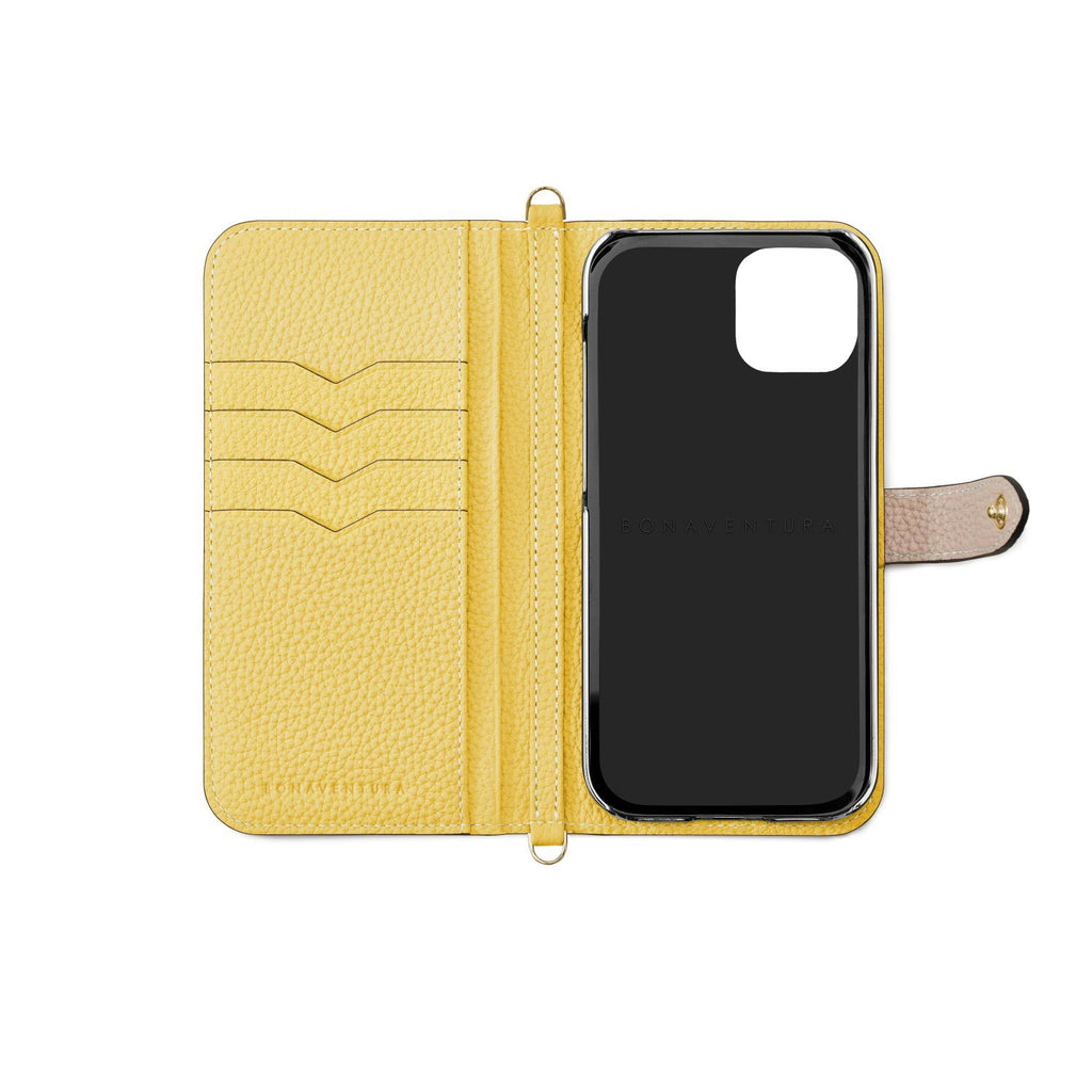 iPhone 15 Plus Belted Diary Case Shrink Leather (Greige × Yellow)