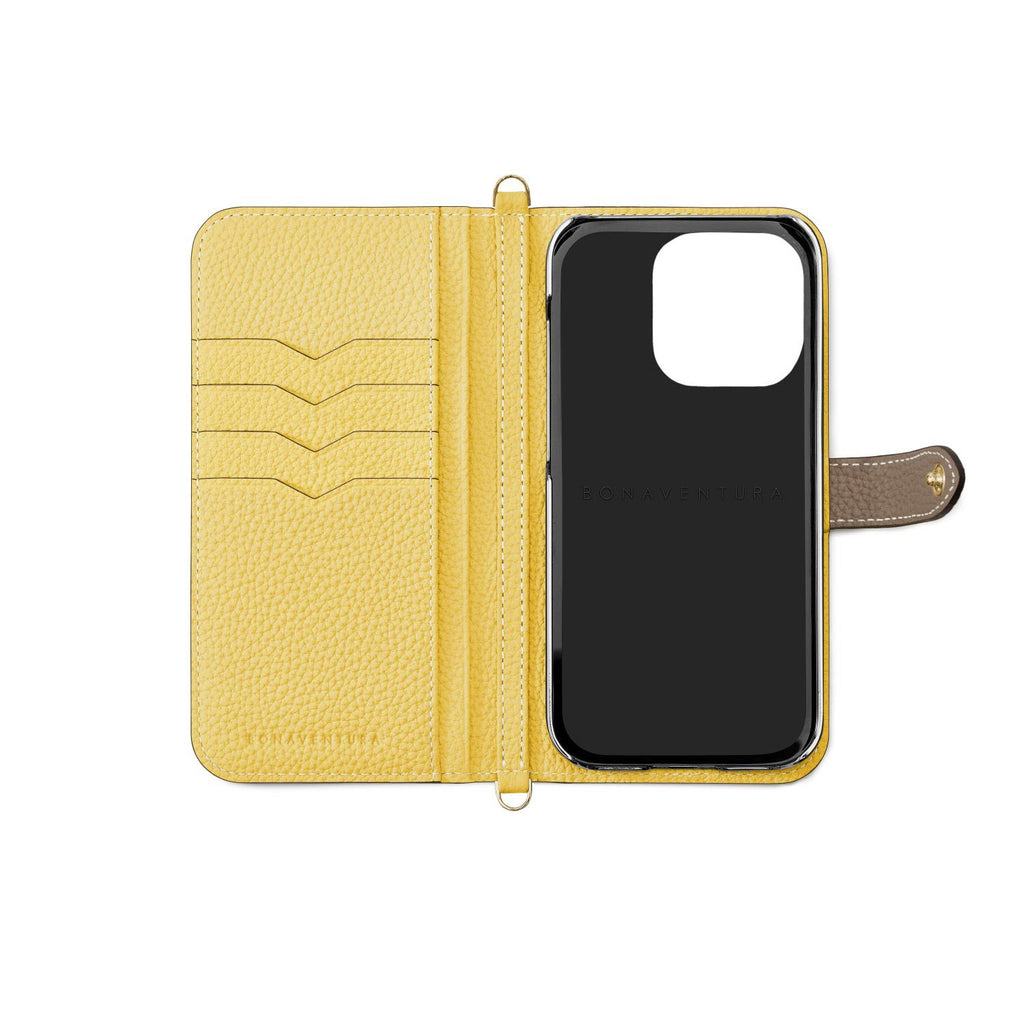 iPhone 15 Pro Max Belted Diary Case Shrink Leather (Etoupe × Yellow)