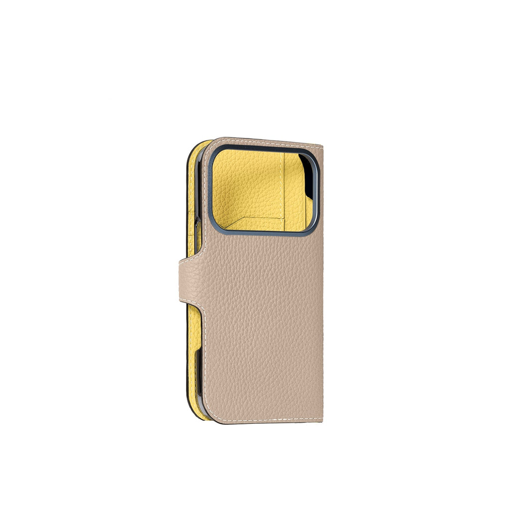 iPhone 17 Pro Belted Diary Case Shrink Leather (Greige × Yellow)