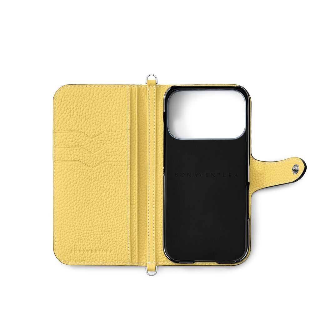iPhone 17 Pro Belted Diary Case Shrink Leather (Greige × Yellow)