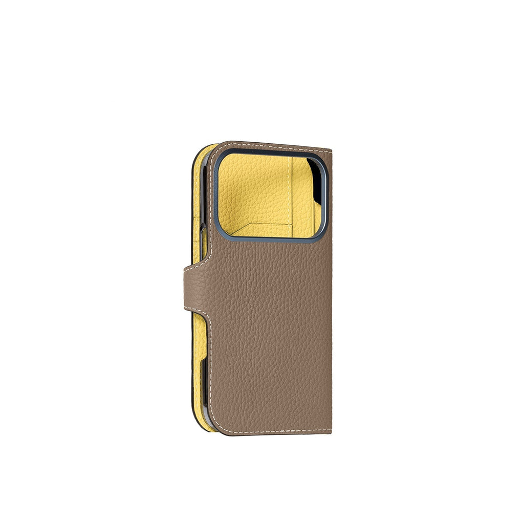 iPhone 18 Pro Belted Diary Case Shrink Leather (Etoupe × Yellow)