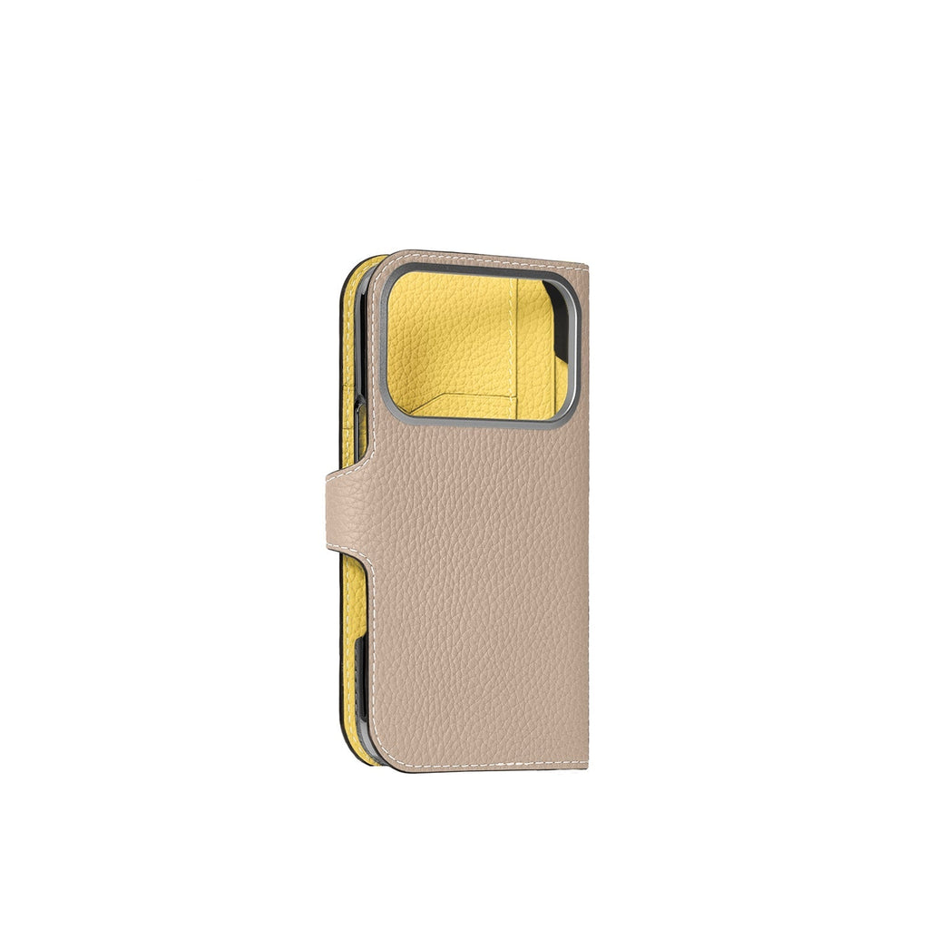 iPhone 18 Pro Max Belted Diary Case Shrink Leather (Greige × Yellow)