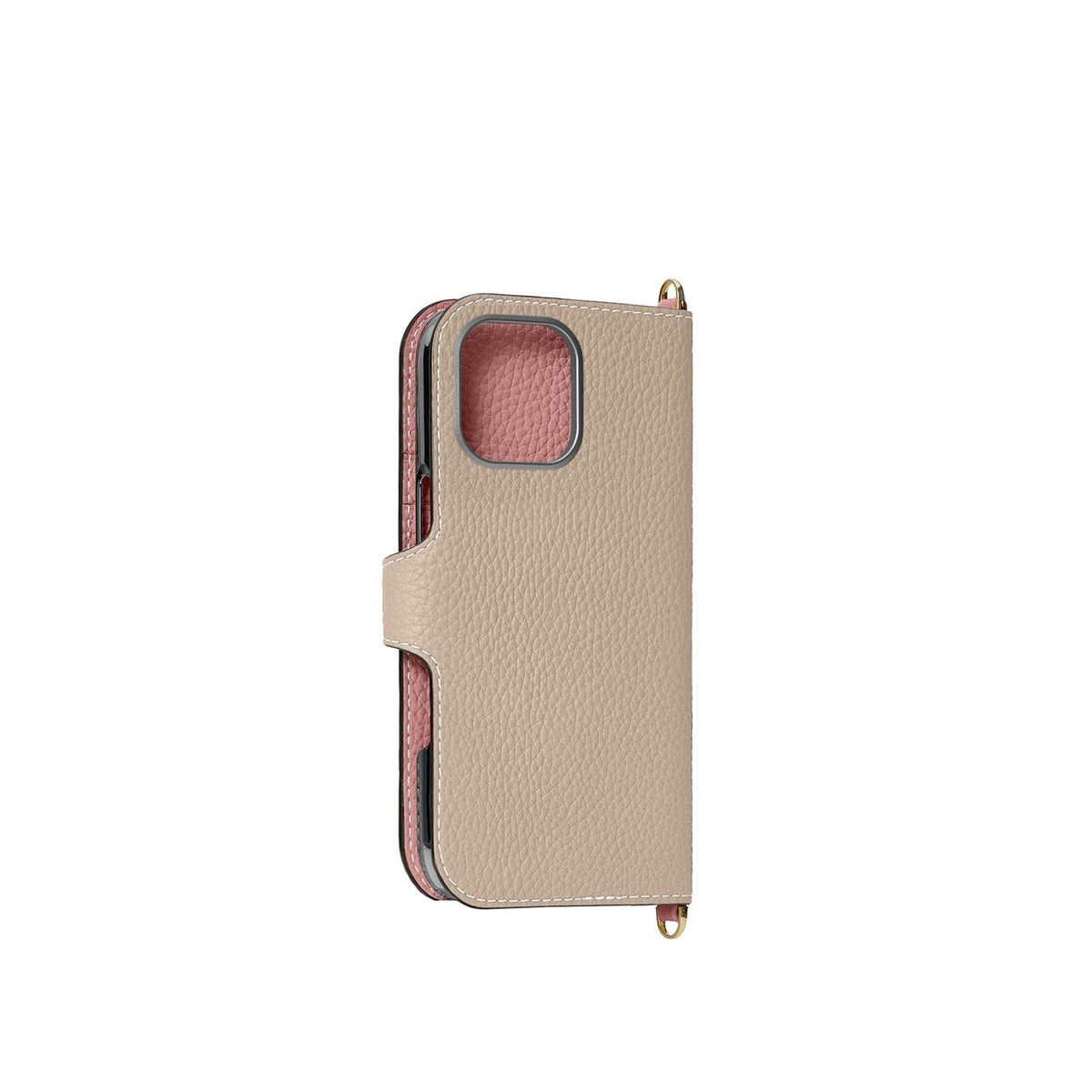 iPhone 16 Belted Diary Case Shrink Leather (Greige × Coral Pink)