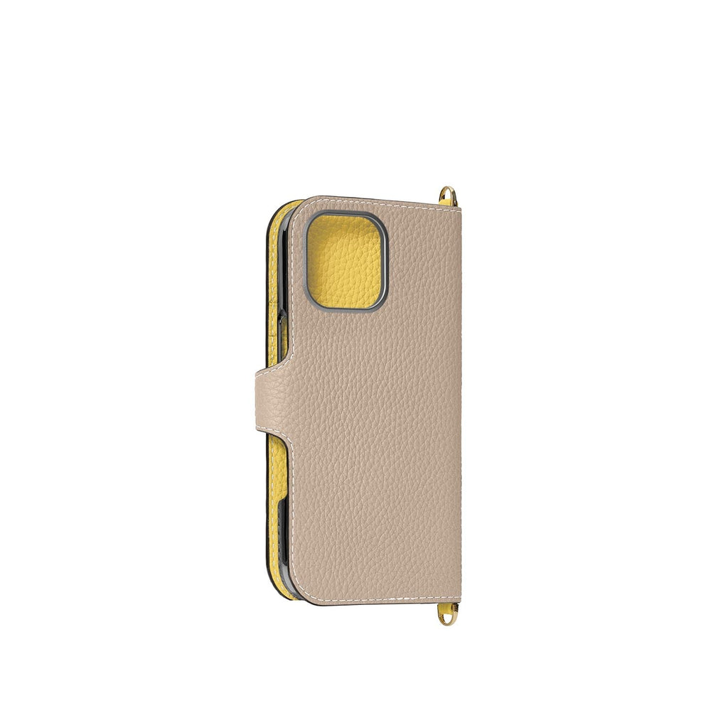 iPhone 16 Belted Diary Case Shrink Leather (Greige × Yellow)