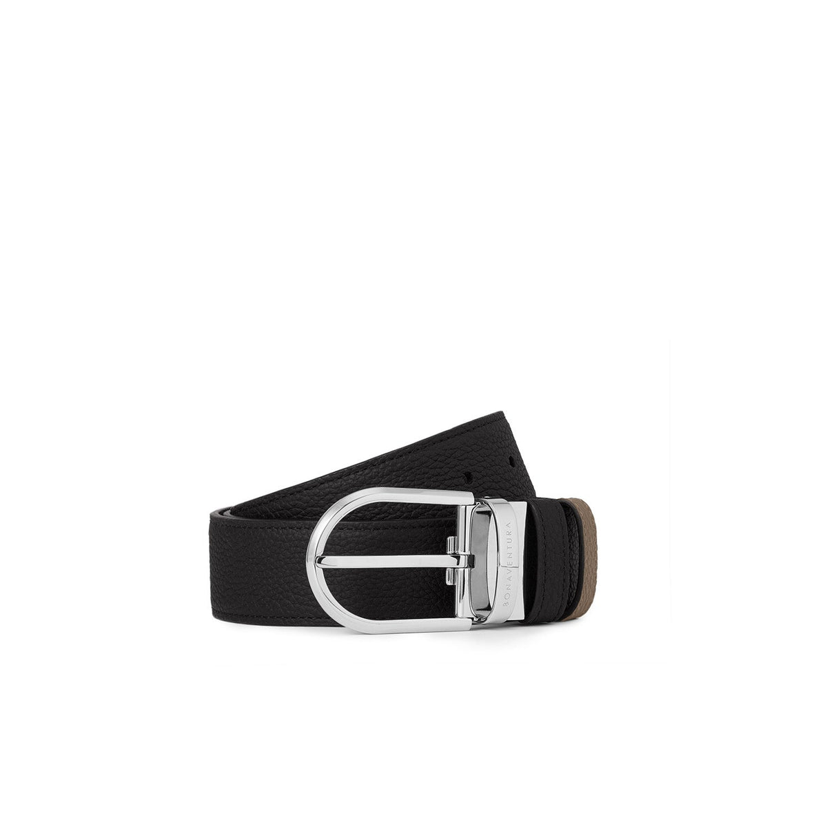 Men's Reversible Round Buckle Belt (Black × Etoupe - 35mm - Shrink Leather × Shrink Leather)