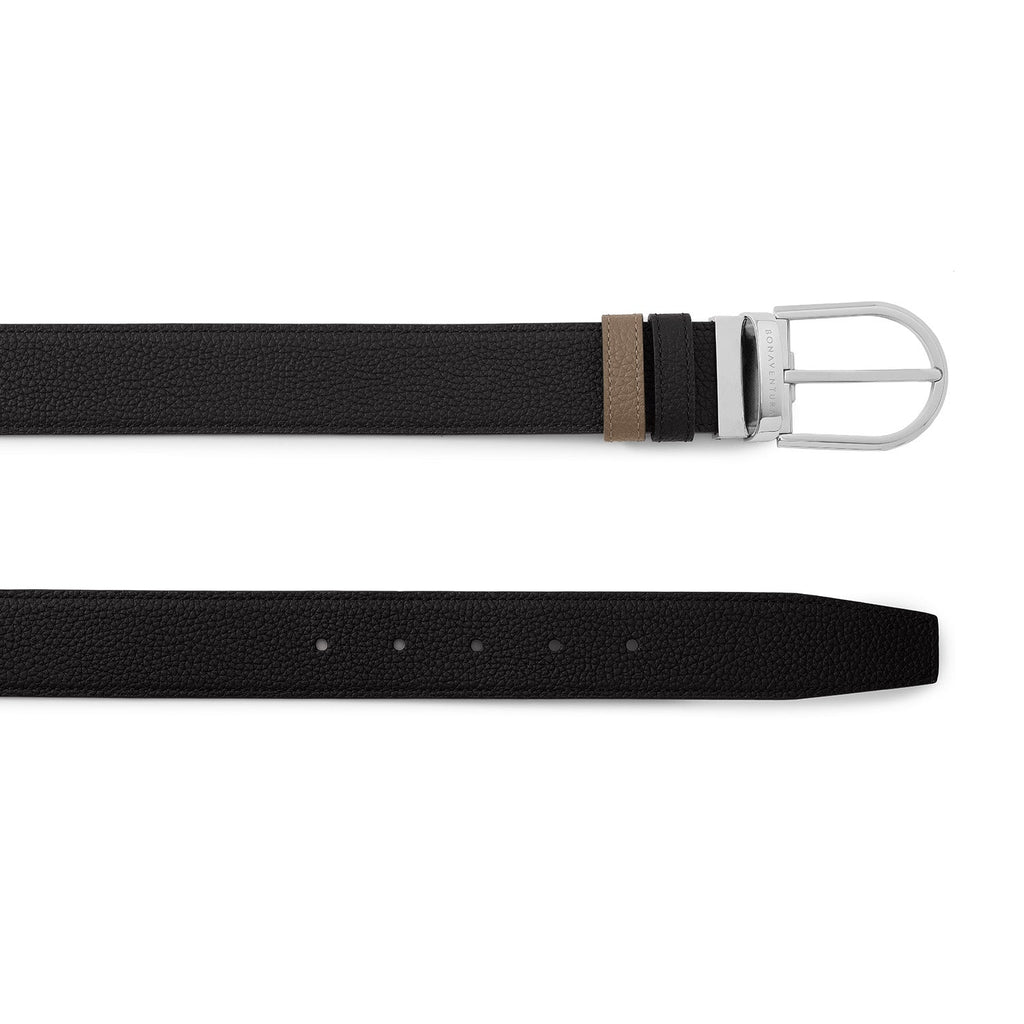 Men's Reversible Round Buckle Belt (Black × Etoupe - 35mm - Shrink Leather × Shrink Leather)