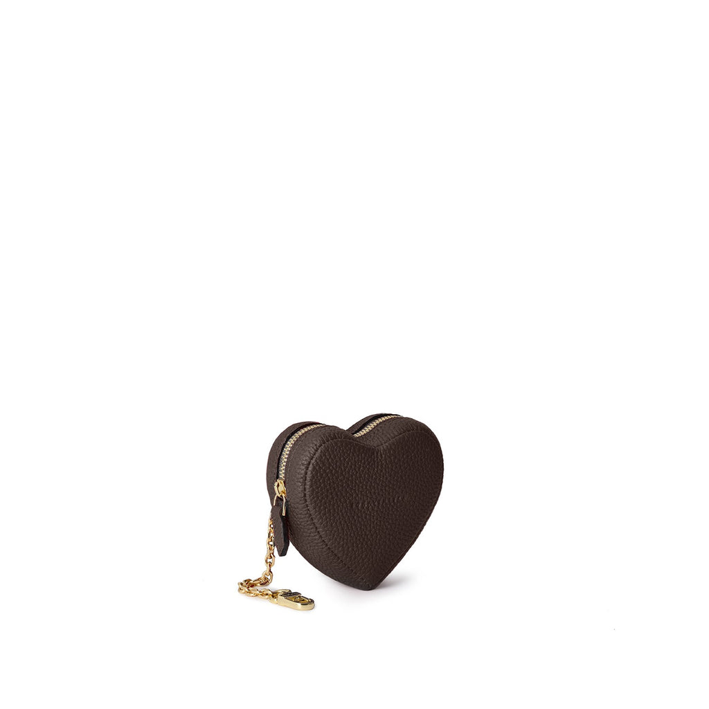 Heart Mini Pouch with Chain Shrink Leather (Chocolate Brown)