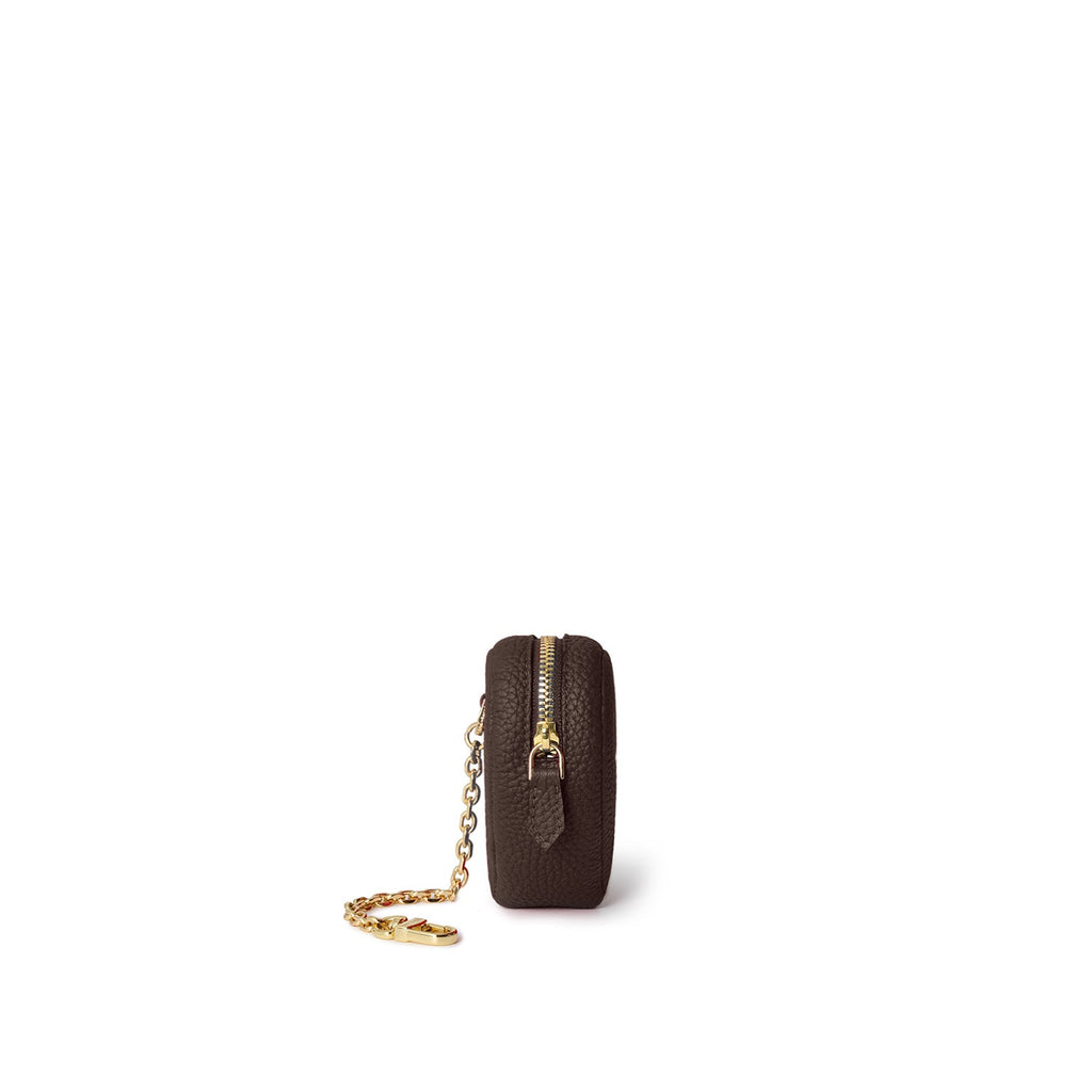 Heart Mini Pouch with Chain Shrink Leather (Chocolate Brown)