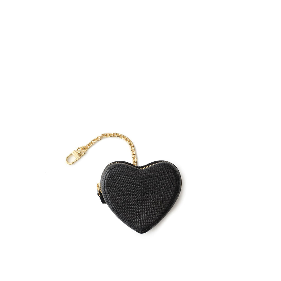 Heart Mini Pouch with Chain Embossed Lizard Leather (Black)