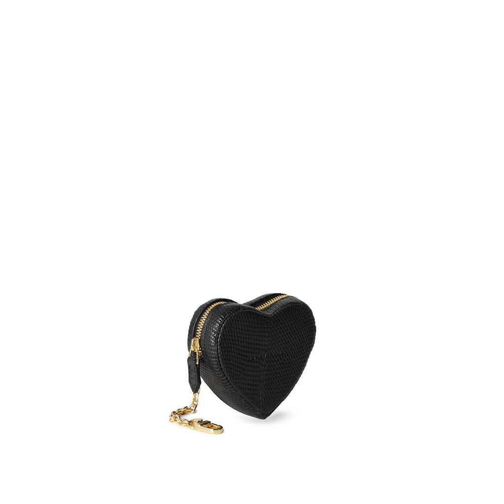 Heart Mini Pouch with Chain Embossed Lizard Leather (Black)