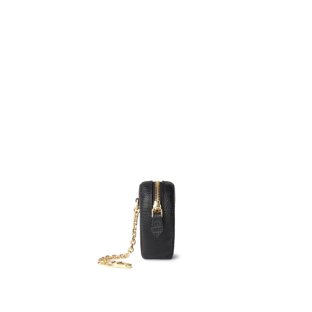 Heart Mini Pouch with Chain Embossed Lizard Leather (Black)