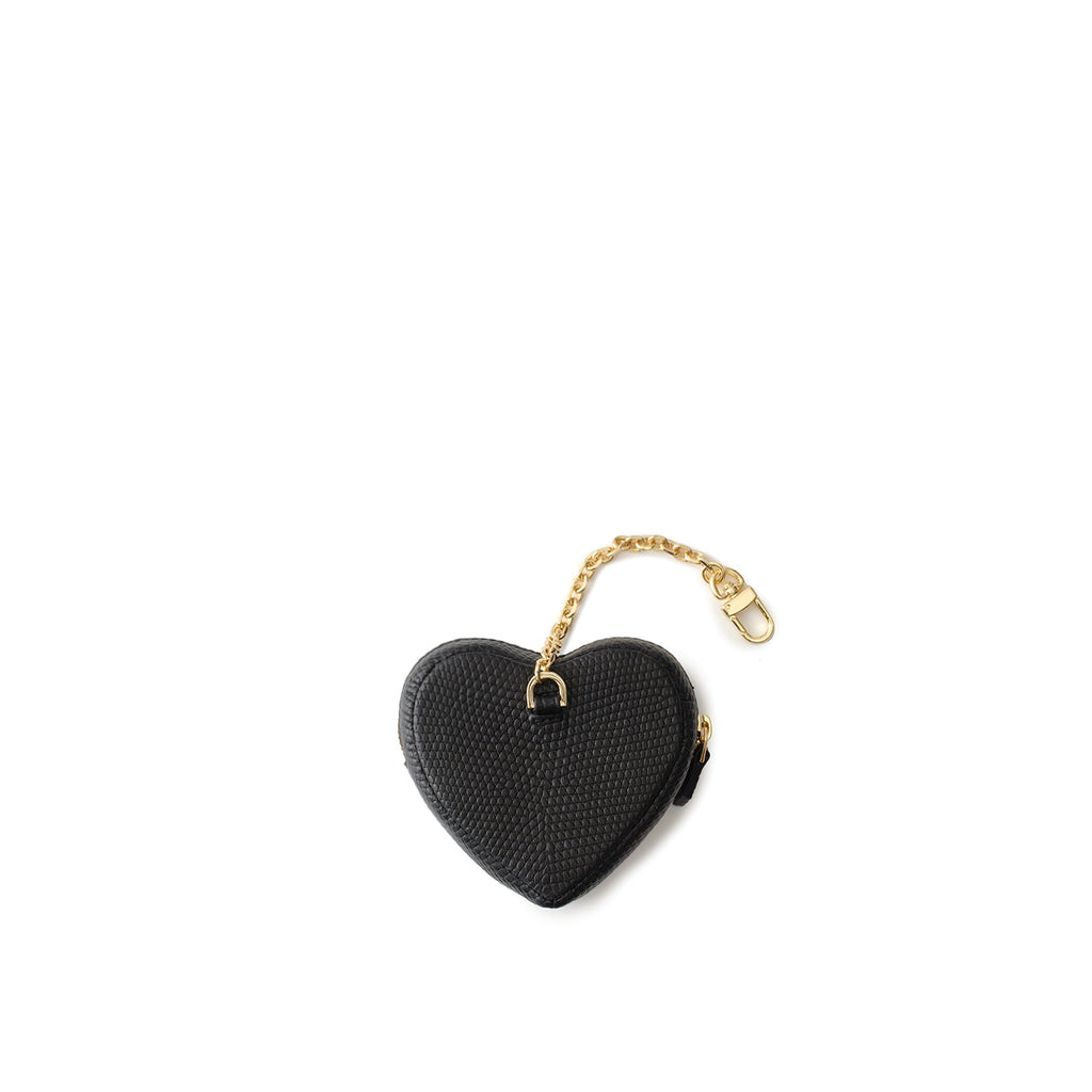 Heart Mini Pouch with Chain Embossed Lizard Leather (Black)