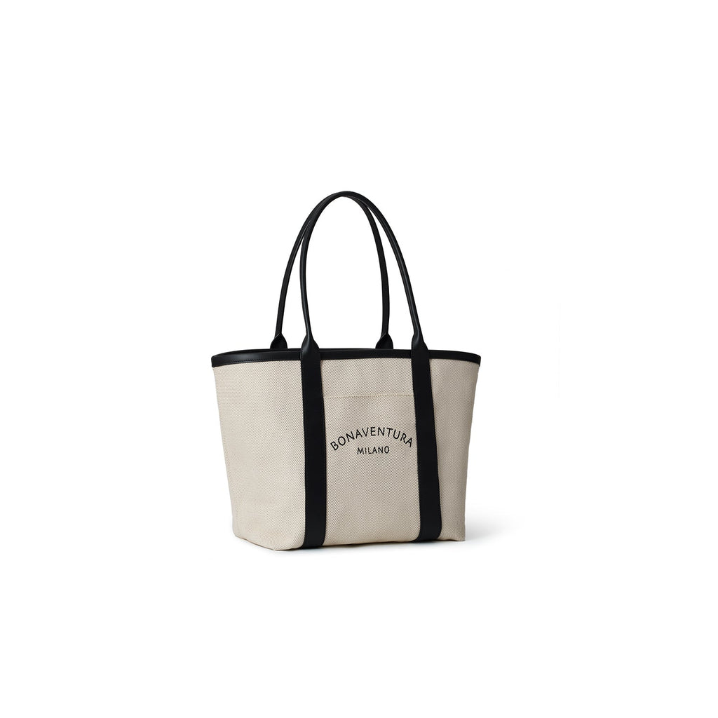 Canvas Leather Combination Tote Bag (Ivory × Black)
