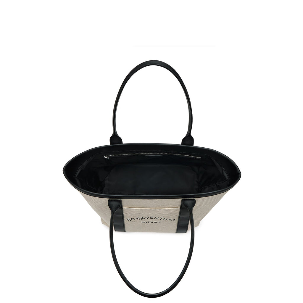 Canvas Leather Combination Tote Bag (Ivory × Black)
