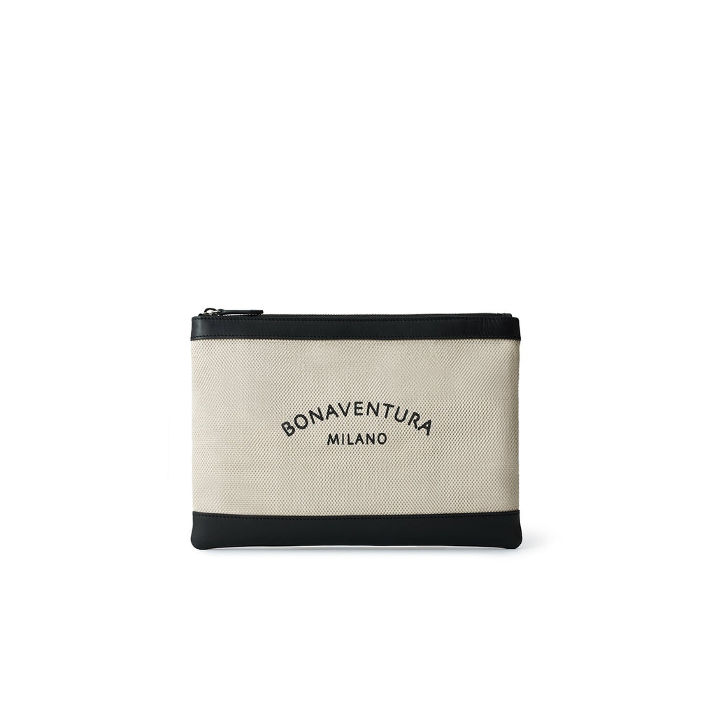 Canvas Leather Combination Pouch (Ivory × Black)