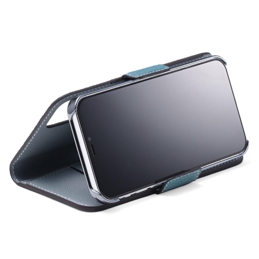 iPhone 13 Pro Stand Diary Case Shrink Leather (Blue Cyan × Blue Lin)