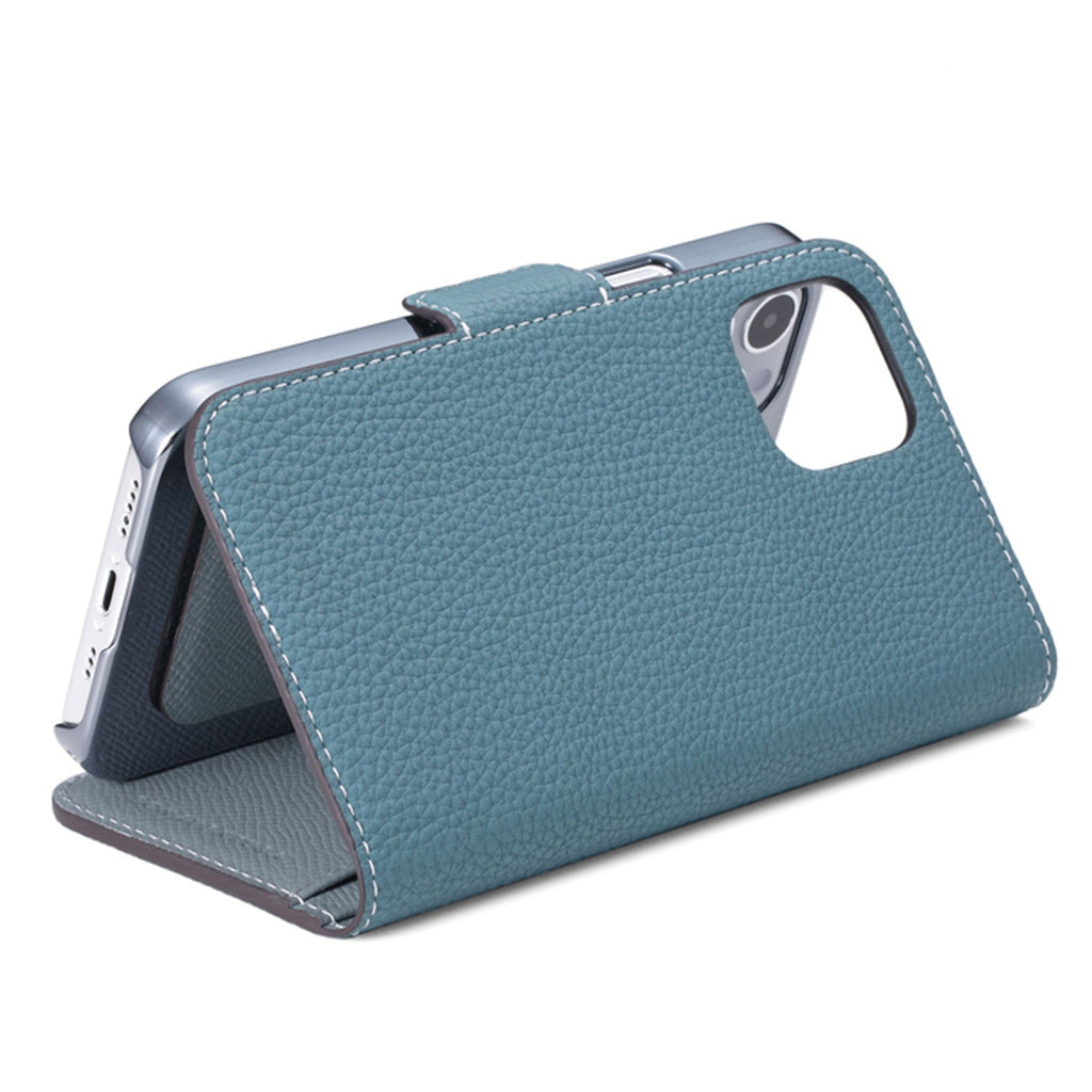 iPhone 13 Pro Stand Diary Case Shrink Leather (Blue Cyan × Blue Lin)