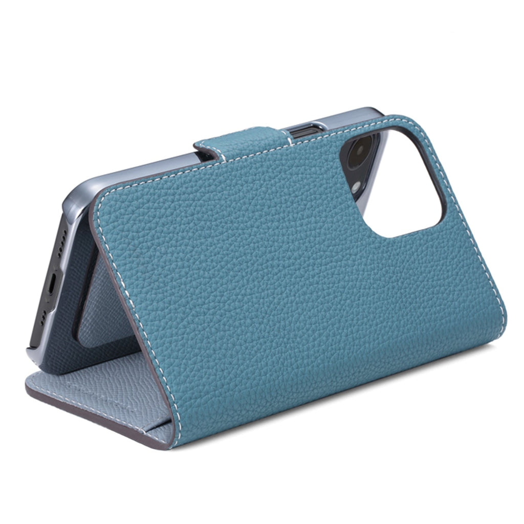 iPhone 13 Pro Stand Diary Case Shrink Leather (Blue Cyan × Blue Lin)