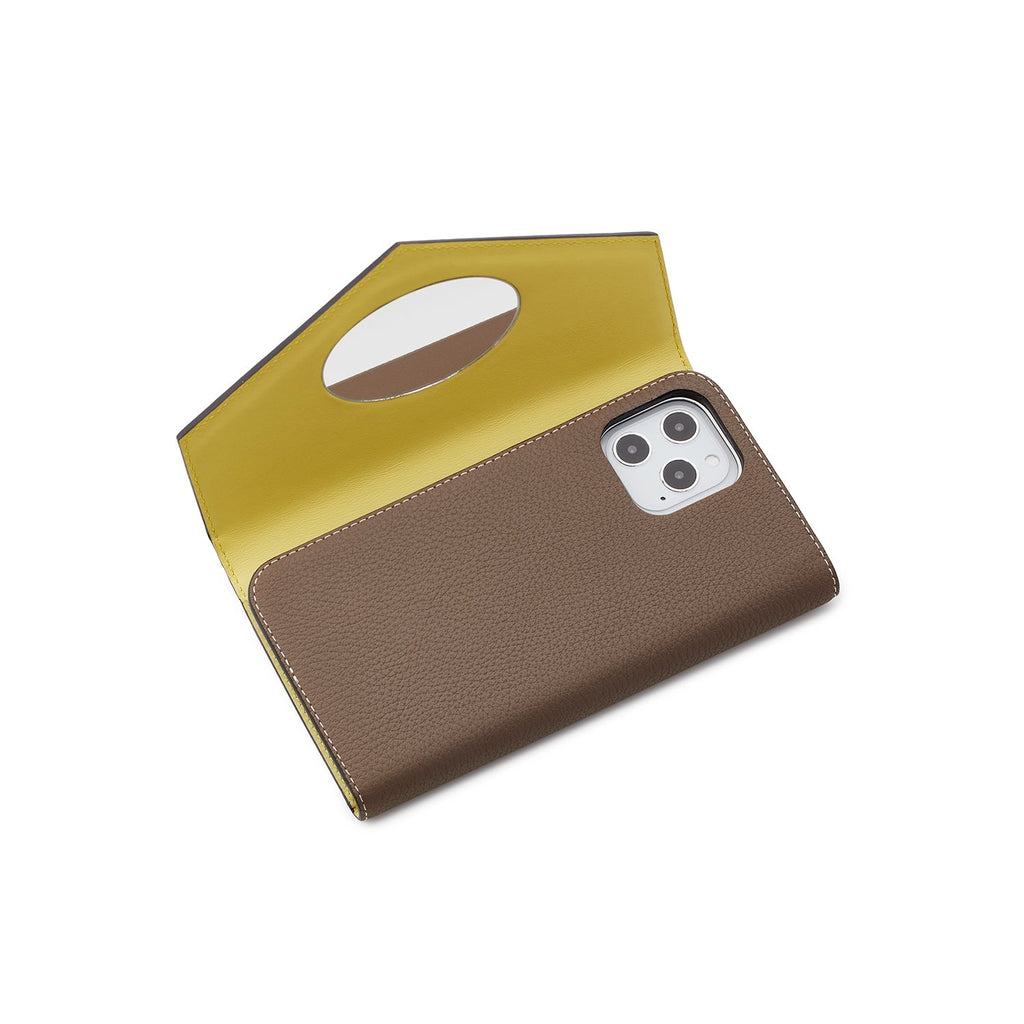 iPhone 13 Diary Case with Mirror Shrink Leather (Etoupe × Yellow)