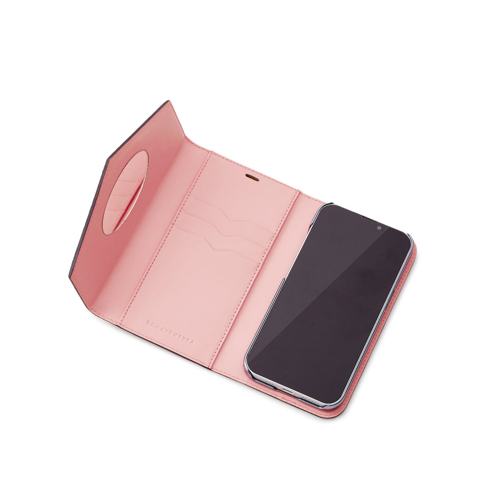 iPhone 13 Diary Case with Mirror Shrink Leather (Greige × Baby Pink)
