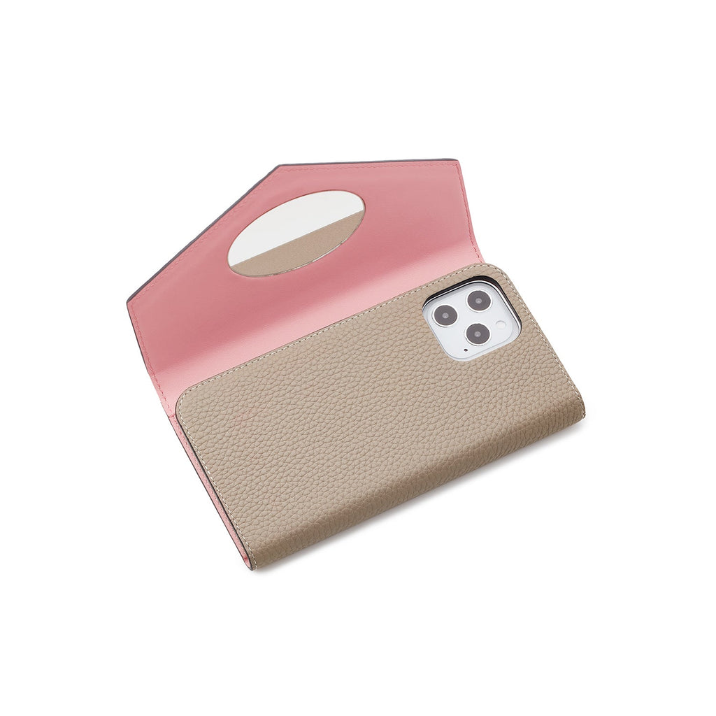 iPhone 13 Diary Case with Mirror Shrink Leather (Greige × Baby Pink)