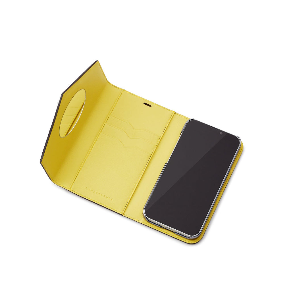 iPhone 13 Pro Diary Case with Mirror Shrink Leather (Etoupe × Yellow)
