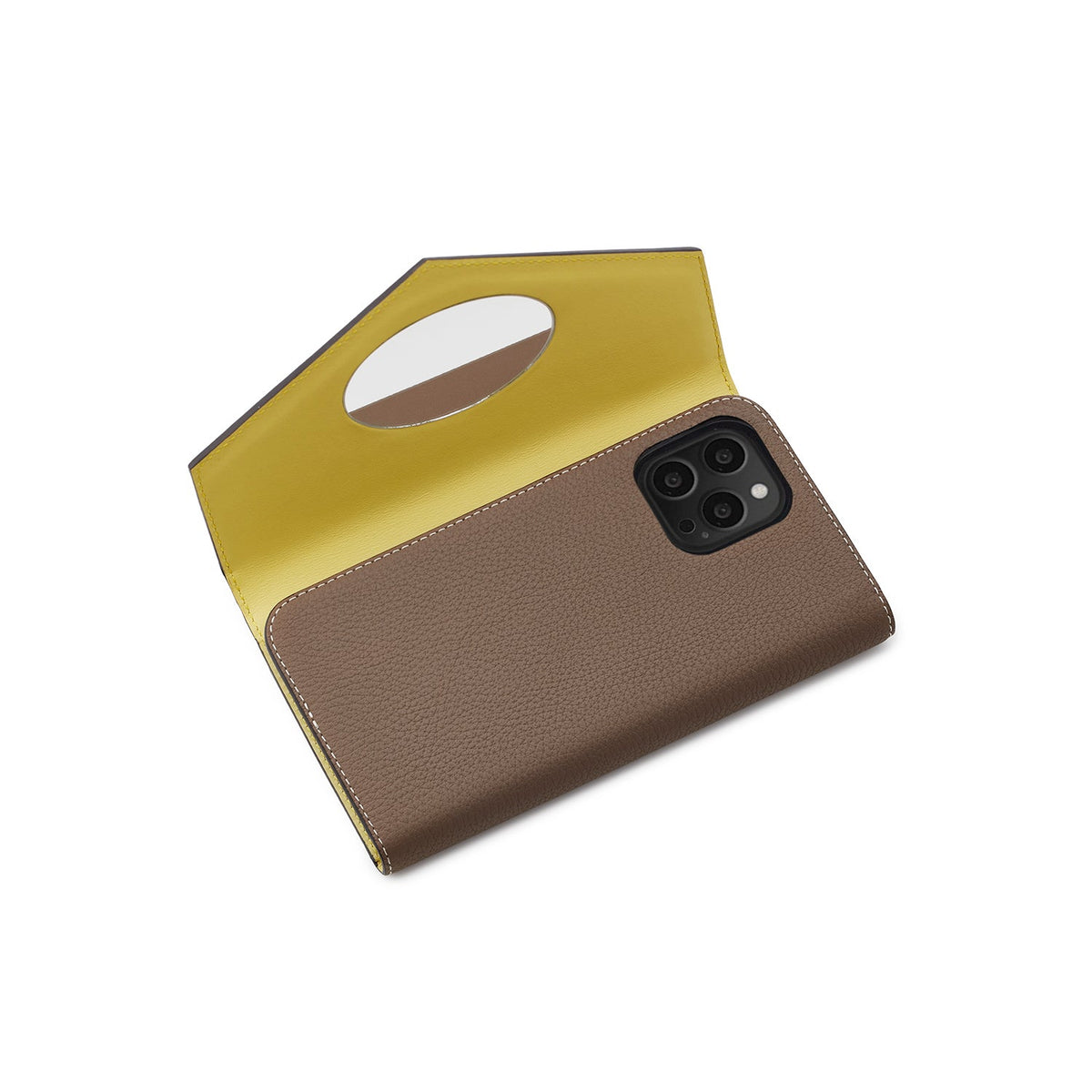 iPhone 13 Pro Diary Case with Mirror Shrink Leather (Etoupe × Yellow)