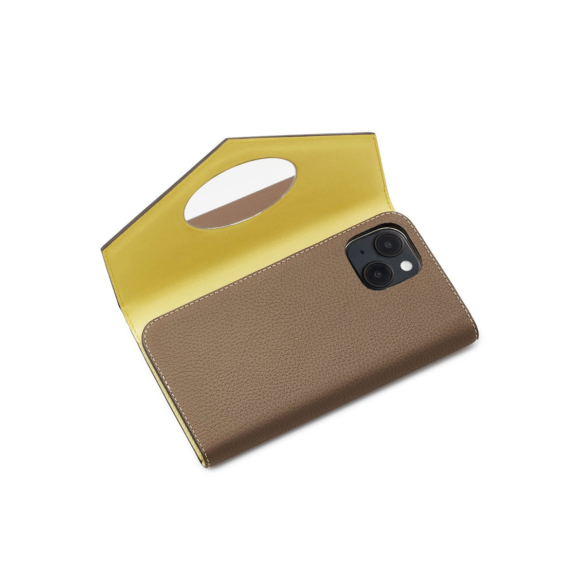 iPhone 14 Diary Case with Mirror Shrink Leather (Etoupe × Yellow)