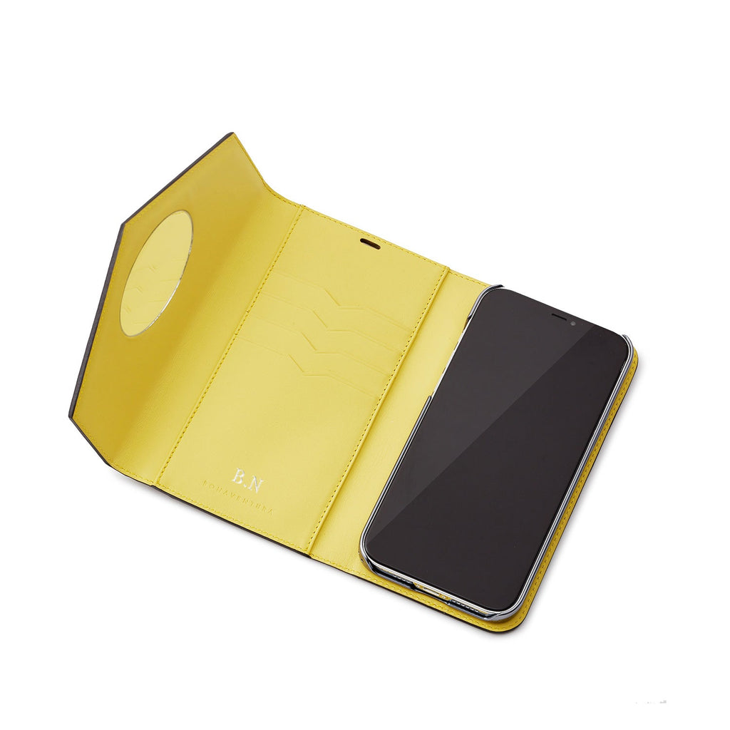 iPhone 14 Plus Diary Case with Mirror Shrink Leather (Etoupe × Yellow)