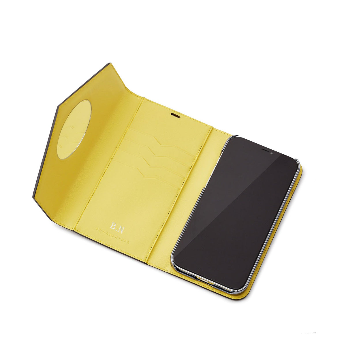 iPhone 14 Plus Diary Case with Mirror Shrink Leather (Etoupe × Yellow)