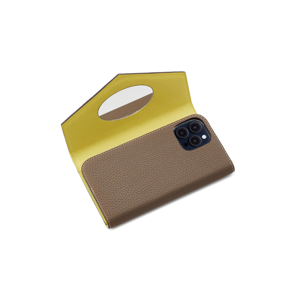 iPhone 14 Pro Max Diary Case with Mirror Shrink Leather (Etoupe × Yellow)