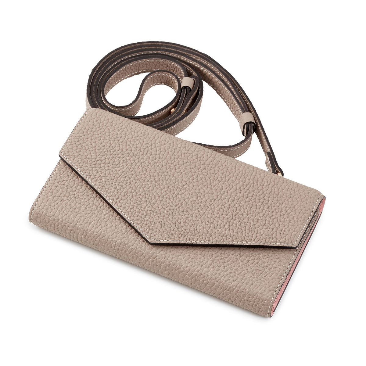 iPhone 15 Diary Case with Mirror Shrink Leather (Greige × Baby Pink)