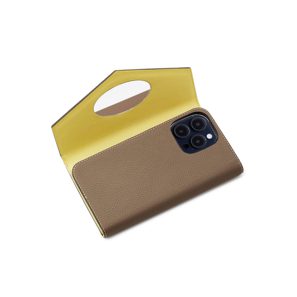 iPhone 15 Pro Diary Case with Mirror Shrink Leather (Etoupe × Yellow)