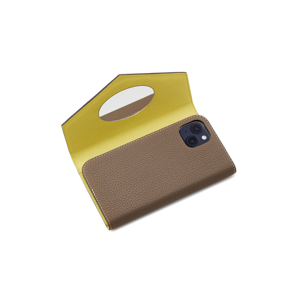 iPhone 15 Plus Diary Case with Mirror Shrink Leather (Etoupe × Yellow)
