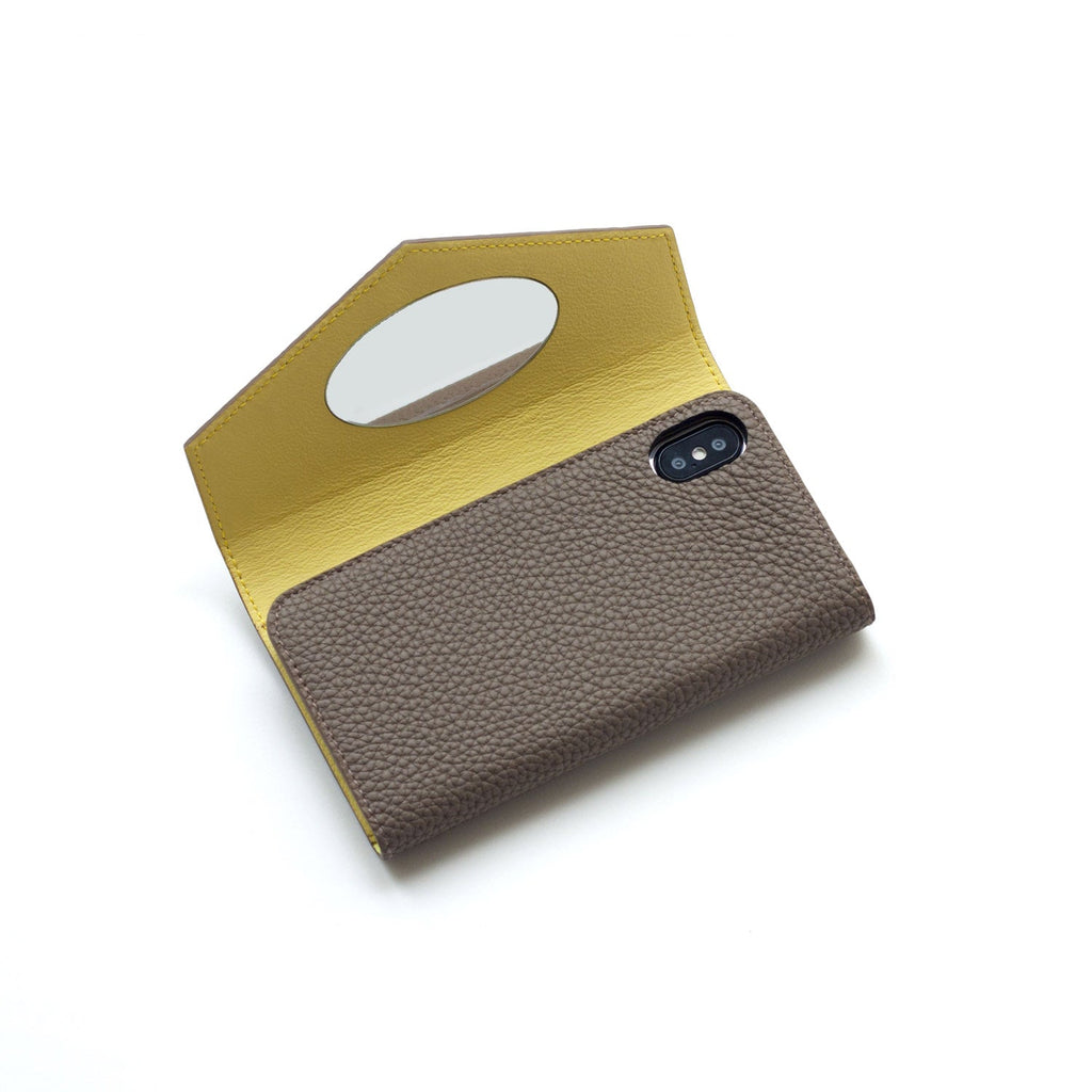 iPhone X / Xs Diary Case with Mirror Shrink Leather (Etoupe × Yellow)