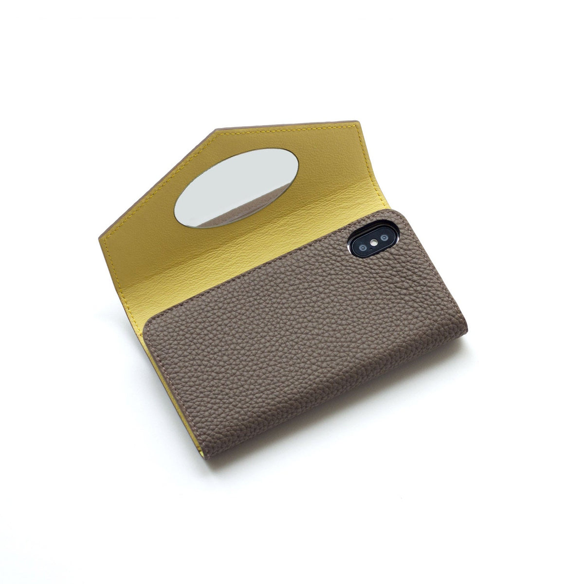iPhone X / Xs Diary Case with Mirror Shrink Leather (Etoupe × Yellow)