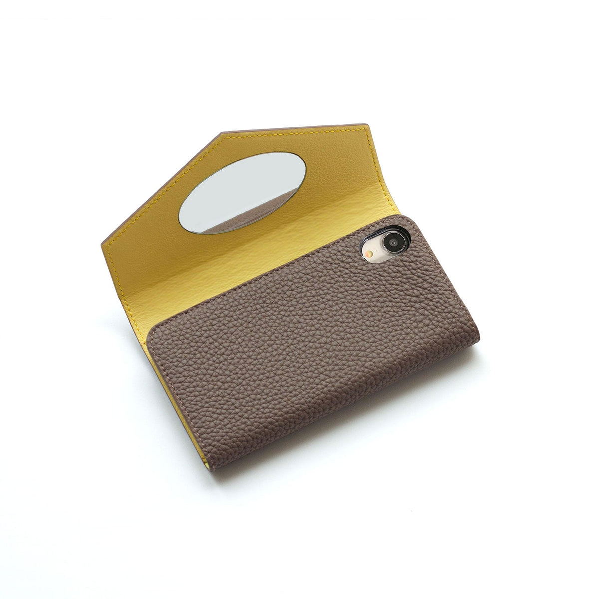 iPhone XR Diary Case with Mirror Shrink Leather (Etoupe × Yellow)