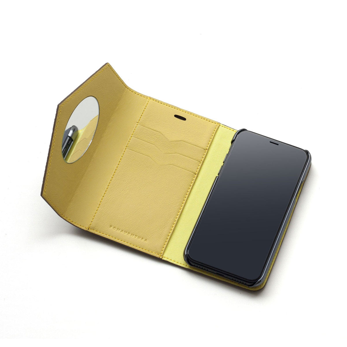 iPhone XR Diary Case with Mirror Shrink Leather (Etoupe × Yellow)