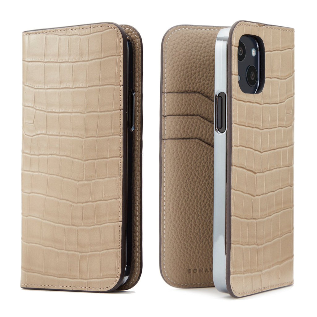 iPhone 13 Diary Case Embossed Croco Leather (Greige)