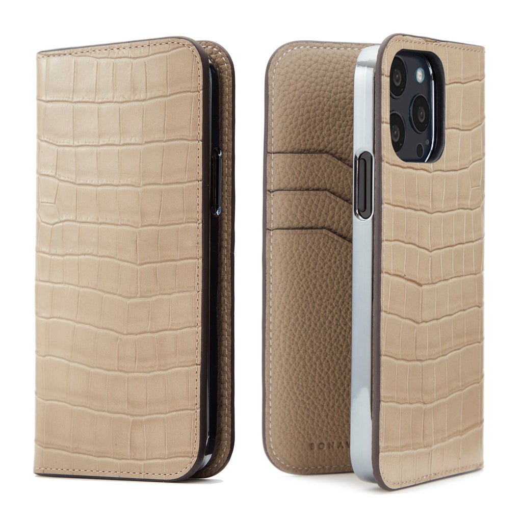 iPhone 13 Pro Diary Case Embossed Croco Leather (Greige)