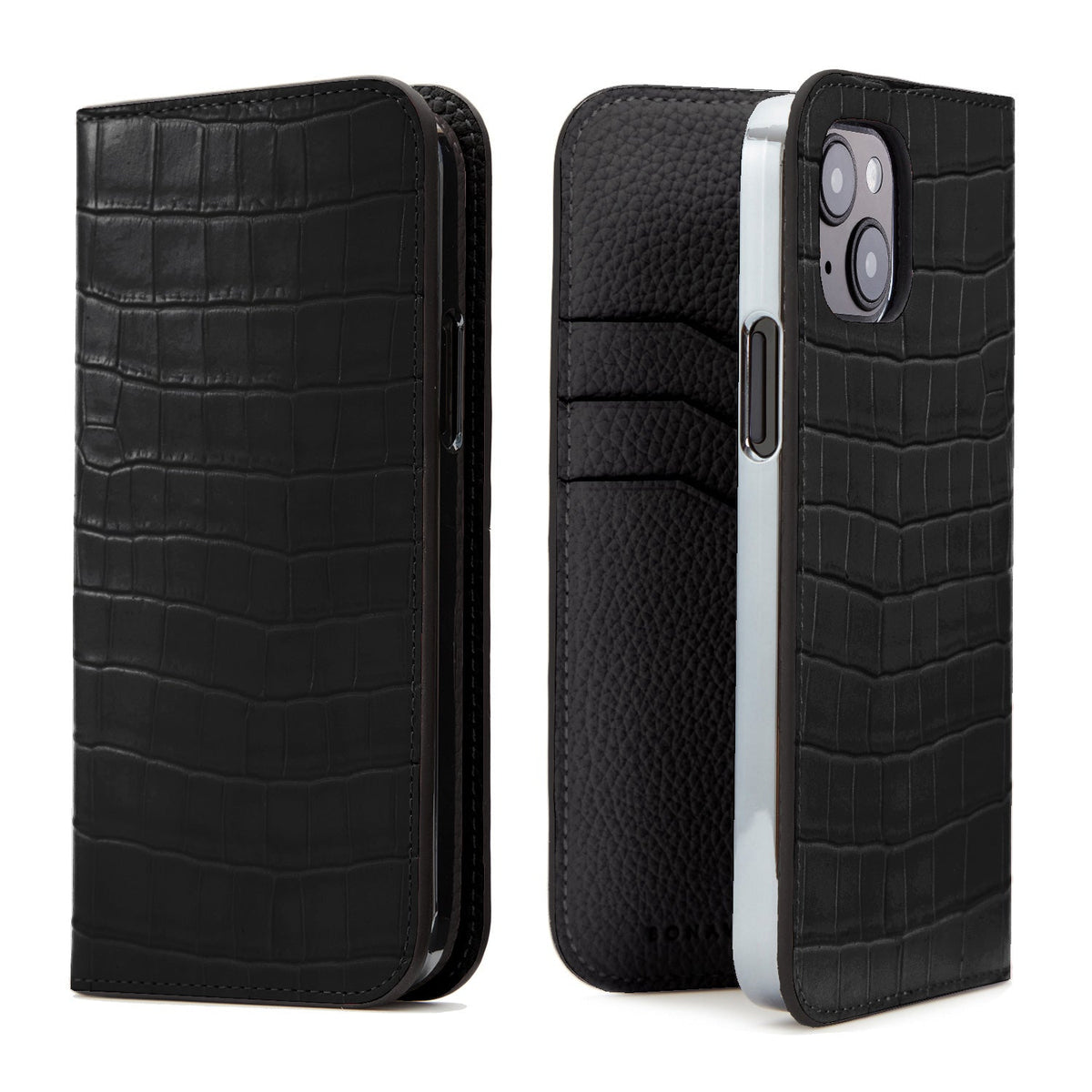 iPhone 14 Diary Case Embossed Croco Leather (Black)